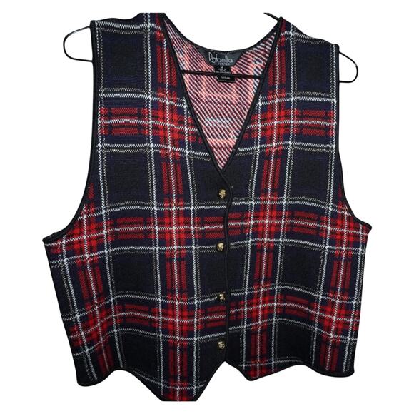 Rafaella Petites Wool Blend Plaid Button Vest Tartan Sweater Knit M Red Navy - Picture 2 of 4